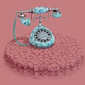 Vintage Blue And White Rotary Dial Telephone On Patterned Tablecloth With Pink Background