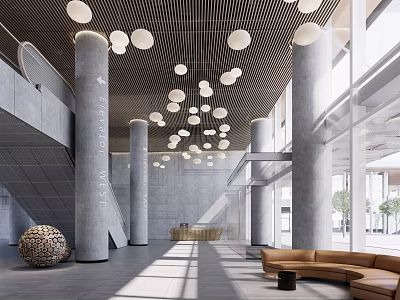 Modern Front Desk Reception Area With Columns Sofa Decorative Sphere And Pendant Lights 3d model