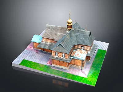 Traditional Wooden Building With Golden Dome Multiple Sloped Roofs Green Lawn And Paved Ground 3d model