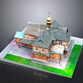 Traditional Wooden Building With Golden Dome Multiple Sloped Roofs Green Lawn And Paved Ground