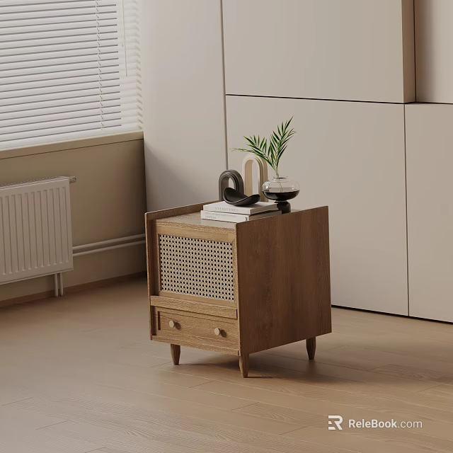 Modern Minimalist Wooden Bedside Table With Woven Drawer Books Decorative Item and Potted Plant 3d model 