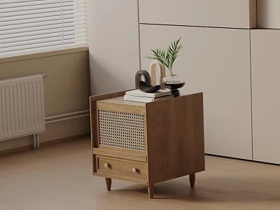Modern Minimalist Wooden Bedside Table With Woven Drawer Books Decorative Item and Potted Plant 3d model