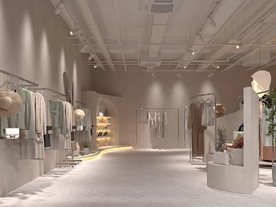 Light Colored Clothing Store Interior With Clothes Racks Display Shelves And Soft Lighting 3d model