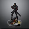 Military Character Statue In Black Red Armor With Long Weapon Barrel On Circular Base