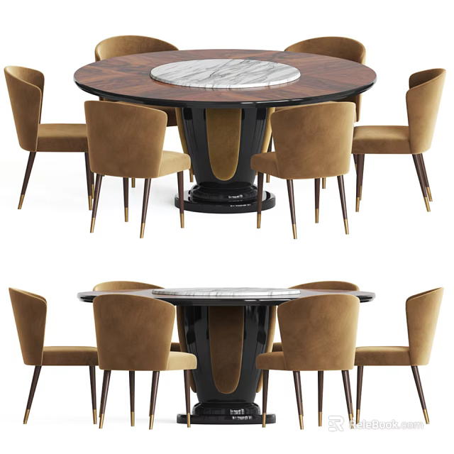 Modern Round Dining Table Set with Marble Top Black Base and Six Brown Upholstered Chairs 3d model 
