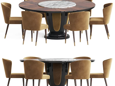 Modern Round Dining Table Set with Marble Top Black Base and Six Brown Upholstered Chairs 3d model