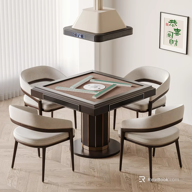 Modern Square Dining Table and Chairs Set With Rotating Turntable And Beige Fabric Chairs 3d model