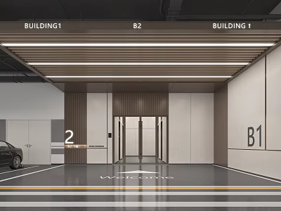 Modern Parking Garage With Building 1 B1 B2 Floor Markings Black Car And Strip Lighting 3d model