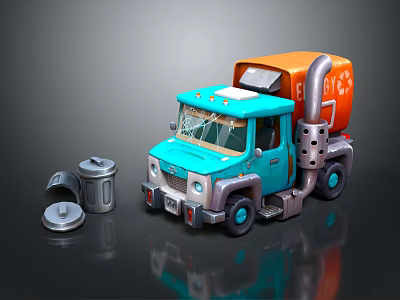 Blue Toy Truck Doll With Cracked Windshield Orange Container And Silver Trash Can Lids 3d model