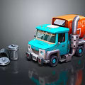 Blue Toy Truck Doll With Cracked Windshield Orange Container And Silver Trash Can Lids