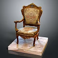 Carved Wooden Frame Armchair With Upholstered Patterned Fabric And Marble Base