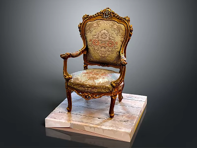 Carved Wooden Frame Armchair With Upholstered Patterned Fabric And Marble Base 3d model