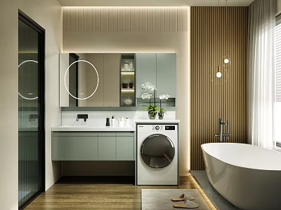 Modern Bathroom Interior With Round Mirror Vanity Washing Machine Bathtub Wooden Accents And Plants 3d model
