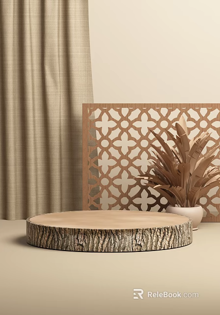 Rustic Wooden Display Shelf with Geometric Pattern and Potted Plant Accent 3d model 