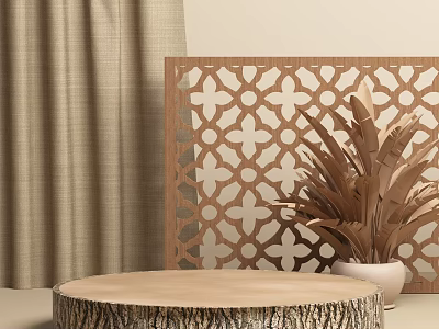 Rustic Wooden Display Shelf with Geometric Pattern and Potted Plant Accent 3d model