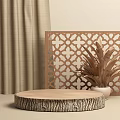 Rustic Wooden Display Shelf with Geometric Pattern and Potted Plant Accent