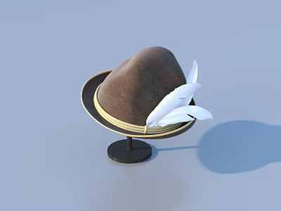 Brown Hat With Golden Band And White Feathers On Black Stand Light Blue Background 3d model