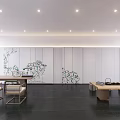 Modern Tea Room Interior With Hanging Shelves Tea Sets Green Plants Long Table and Windows