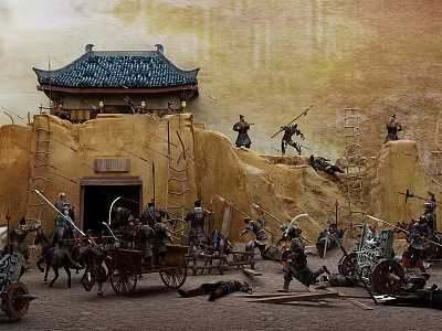 Ancient Siege Battle With Soldiers Climbing Ladders And Chariots Attacking City Wall 3d model
