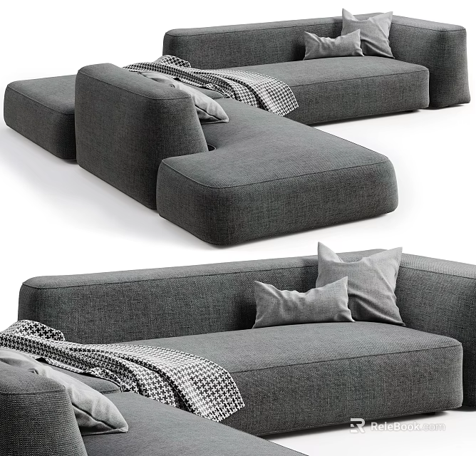 Gray Sectional Sofa With Modern Design Comfortable Pillows And Throw Blanket 3d model 