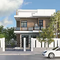 Modern Detached Villa Two Story White And Brown Exterior With Balconies Trees And Greenery