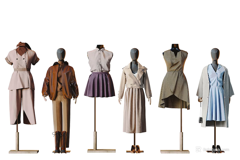 Fashion Mannequins Displaying Stylish Coats Skirts Dresses And Trench Coats In Various Colors 3d model 