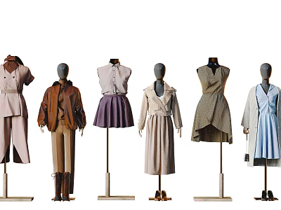 Fashion Mannequins Displaying Stylish Coats Skirts Dresses And Trench Coats In Various Colors 3d model