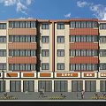 Modern Multi Storey Building With Red Beige Exterior Rows Of Windows And Ground Floor Shops
