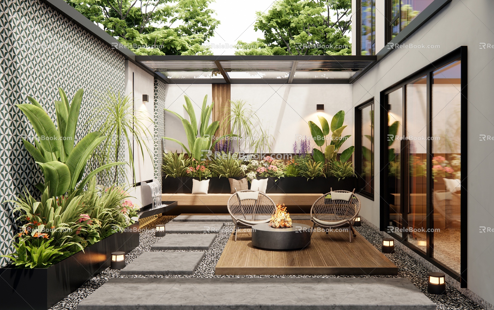 Modern Villa Courtyard Landscape Balcony Garden Terrace Landscape Outdoor Chair Flowers and Plants Flower Pond Plant Combination model