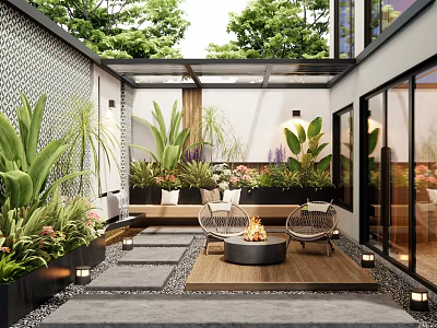 Beautiful Courtyard Garden With Lush Green Plants Fire Pit Wooden Deck And Stone Pathway 3d model