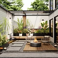 Beautiful Courtyard Garden With Lush Green Plants Fire Pit Wooden Deck And Stone Pathway