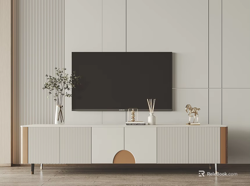 Modern TV Stand With Wooden Accents Wall Mounted TV And Decorative Items 3d model 