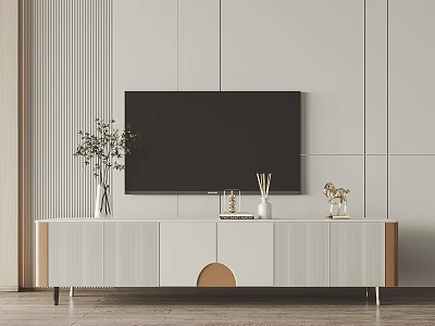 Modern TV Stand With Wooden Accents Wall Mounted TV And Decorative Items 3d model