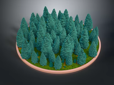 Animated Cartoon Scenery With Circular Platform Lush Green Grass And Blue Pine Trees 3d model