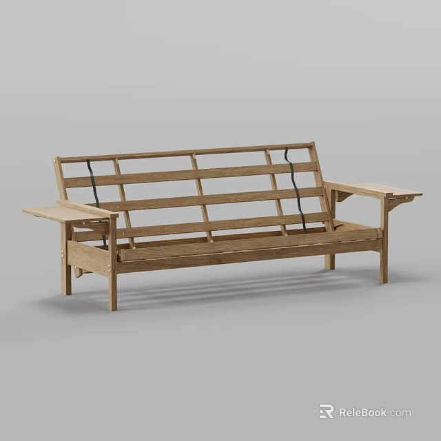 Natural Wooden Outdoor Bench With Slatted Back Armrests And Simple Design 3d model 