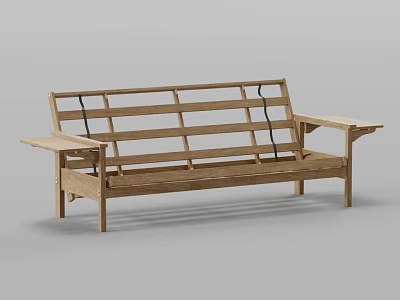 Natural Wooden Outdoor Bench With Slatted Back Armrests And Simple Design 3d model