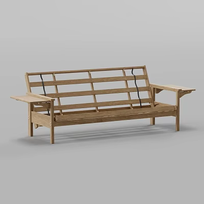 Natural Wooden Outdoor Bench With Slatted Back Armrests And Simple Design 3d model