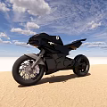 Black Sleek Modern Motorcycle on Sandy Desert Landscape with Blue Sky and White Clouds