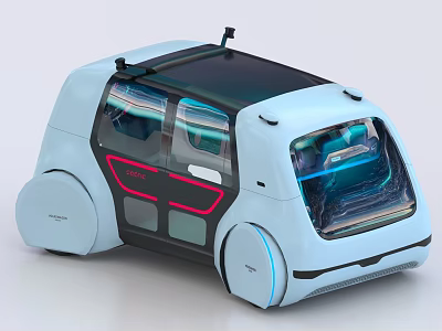 Light Blue Futuristic Compact Car With Transparent Windows Sliding Door And Autonomous Sensors 3d model