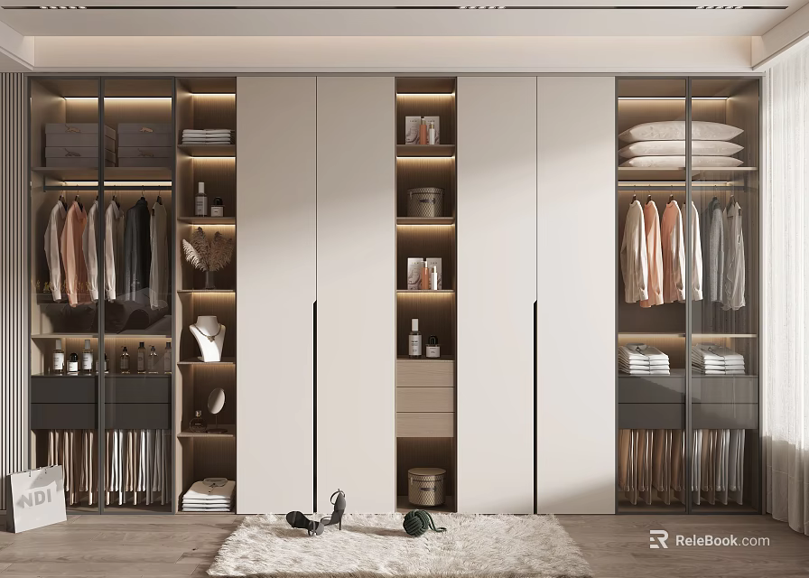 Modern Wardrobe Interior Design With Glass Doors Featuring Hanging Folded Clothes Storage Boxes And Shoes 3d model 