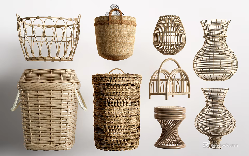 Garden Decorative Items Featuring Various Woven Baskets And Containers In Different Shapes 3d model