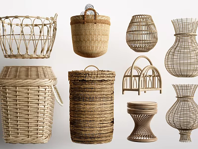 Garden Decorative Items Featuring Various Woven Baskets And Containers In Different Shapes 3d model