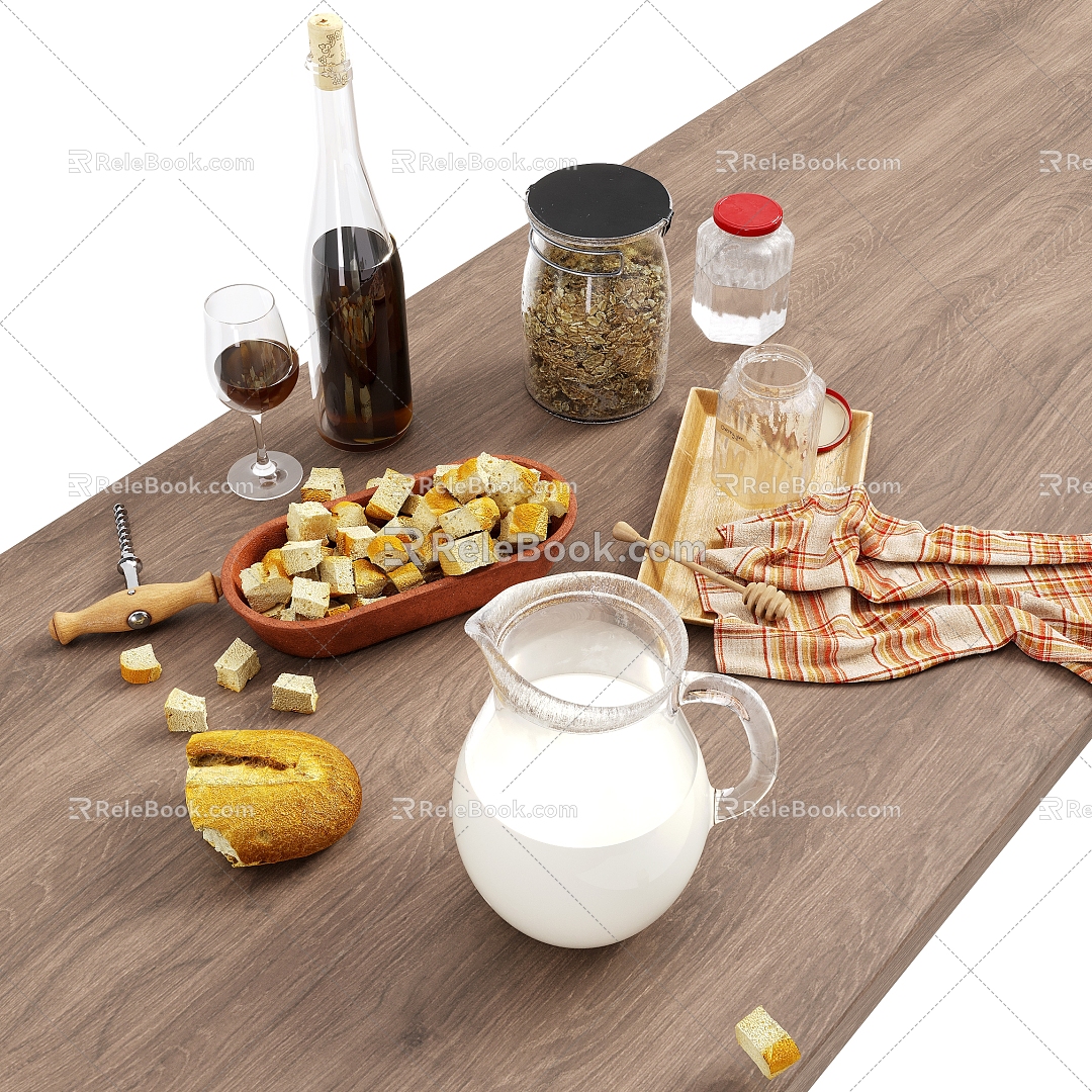 Modern Food Wine Wine Bottle Milk Bread Honey 3d model