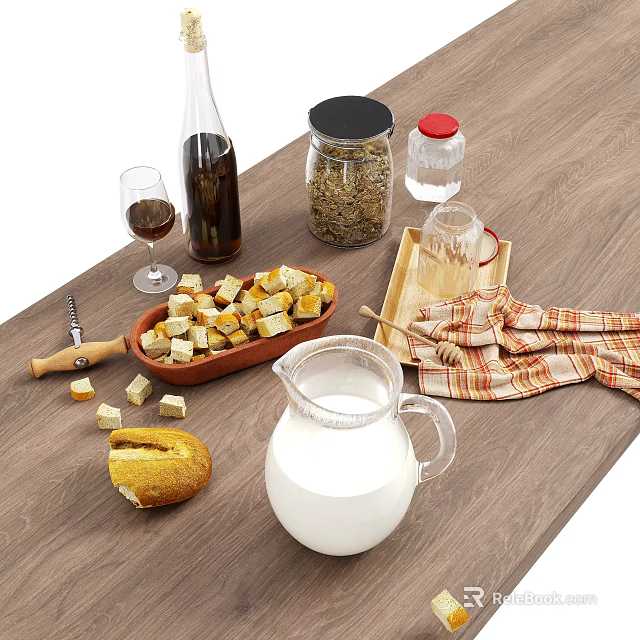 Fresh Croutons and Bread with Milk Red Wine Glass Jars on Wooden Table 3d model 