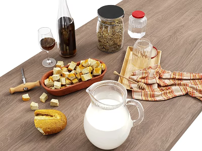 Fresh Croutons and Bread with Milk Red Wine Glass Jars on Wooden Table 3d model