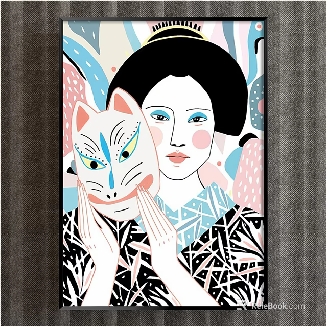 Portrait Painting of Woman with White Cat Mask Yellow Eyes Black Hair Geometric Clothing Colorful Background 3d model 