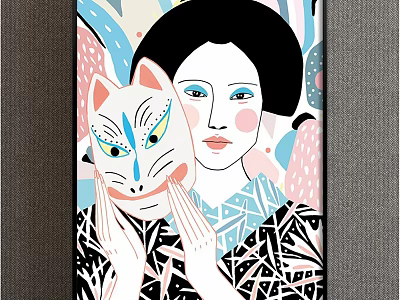 Portrait Painting of Woman with White Cat Mask Yellow Eyes Black Hair Geometric Clothing Colorful Background 3d model