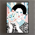 Portrait Painting of Woman with White Cat Mask Yellow Eyes Black Hair Geometric Clothing Colorful Background