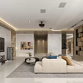Modern Living and Dining Room Interior With Marble Wall Large TV Beige Sofa And Projector