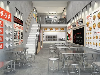Modern Industrial Restaurant Interior with Metal Tables Stools Menu Boards and Food Images on Walls 3d model